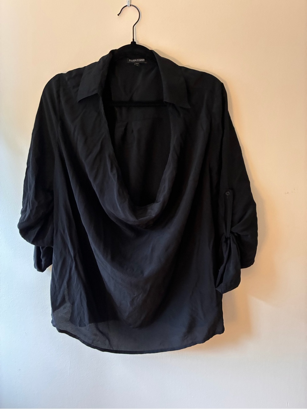 Eileen Fisher Black Draped Cowl-Neck Blouse 100% silk